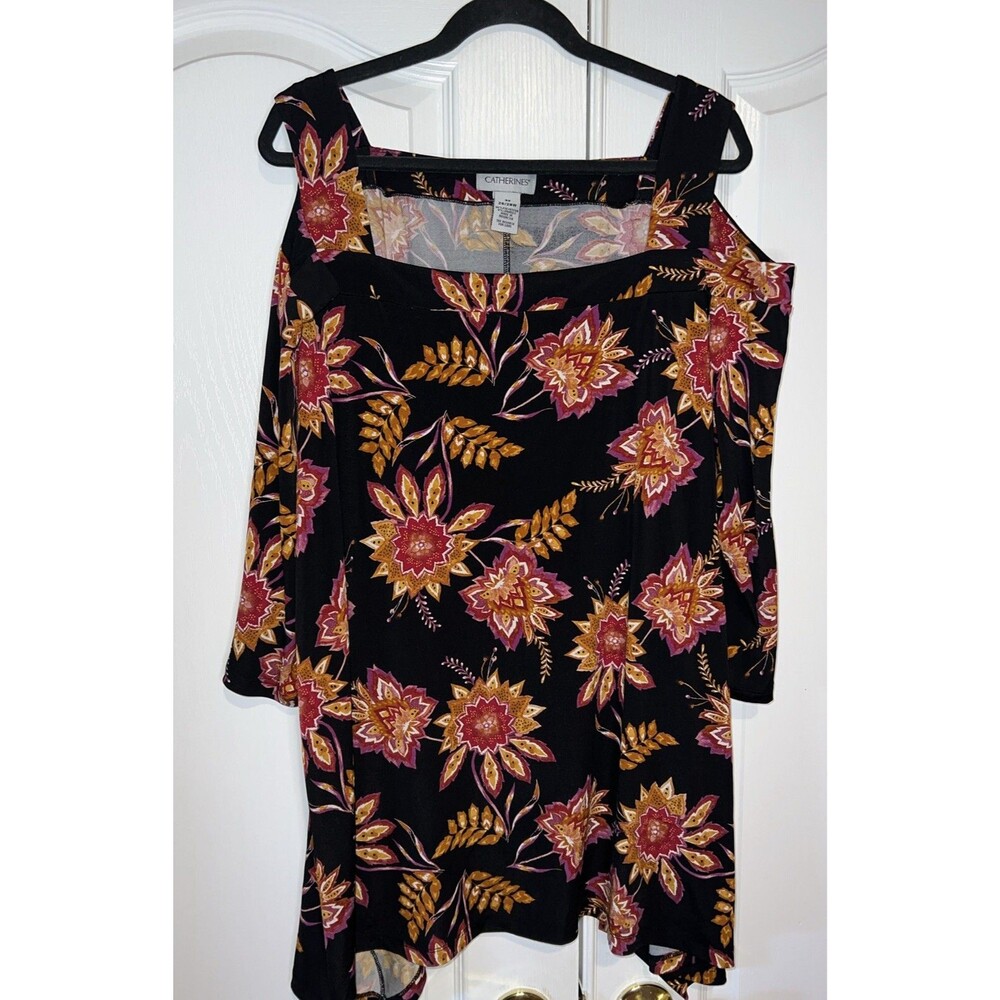 CATHERINES Women Top Blouse Wide Strap 3/4 Sleeve 3X 26/28W Comfort Flowy Boho